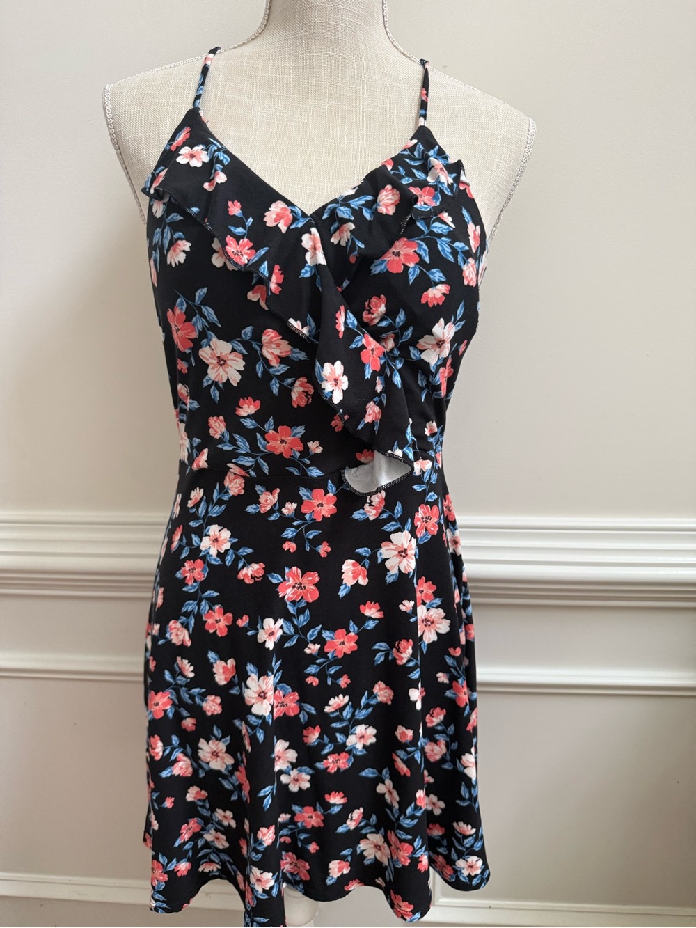 No Boundaries Black Floral Ruffle-Front Spaghetti Strap Dress